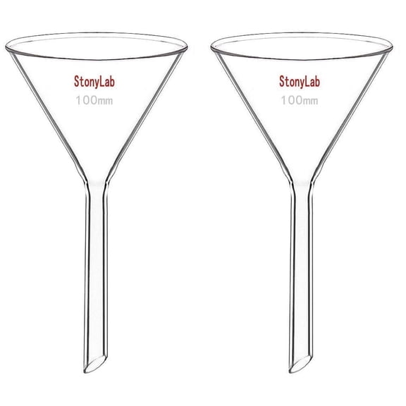 StonyLab Borosilicate Glass Heavy Wall Funnel, 100ml Capacity, Short Stem, 100mm Diameter, 2-Pack