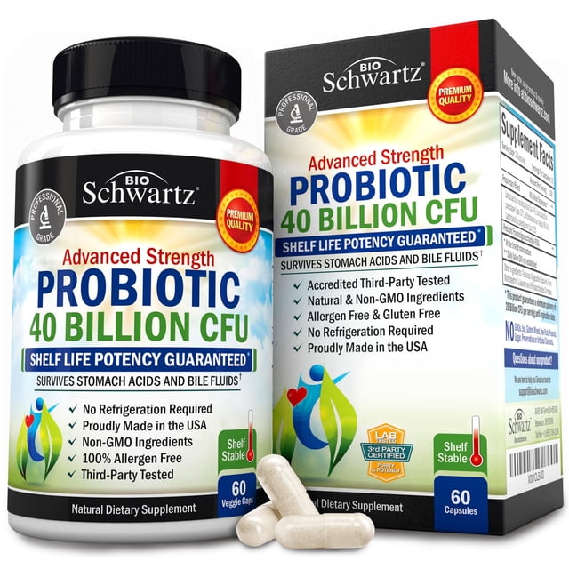 probioticos bioschwartz, 40 billones con prebioticos e inulina de agave, suplemento digestivo con astrágalo y lactobacillus, 60 cápsulas — Frontal de botella blanca y caja con etiqueta que resalta 'PROBIOTIC 40 BILLION CFU' en azul y verde, tapa negra, insignia roja 'Premium' y tres cápsulas blancas al frente; muestra 'sistema de liberación retardada', prebióticos e inulina de agave, astrágalo y Lactobacillus, 60 cápsulas; apto para llevar en viaje.