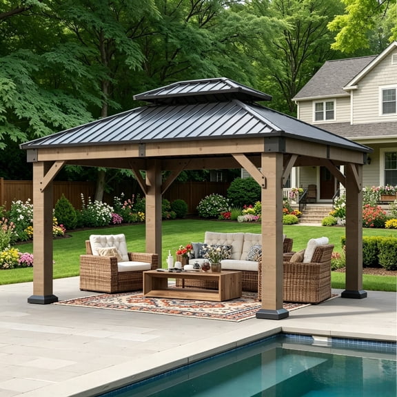 Clouddwell 10' × 12' Cedar Wood Hardtop Gazebo with Ventilated Double-Tier Metal Roof for Outdoor Patio & Backyard