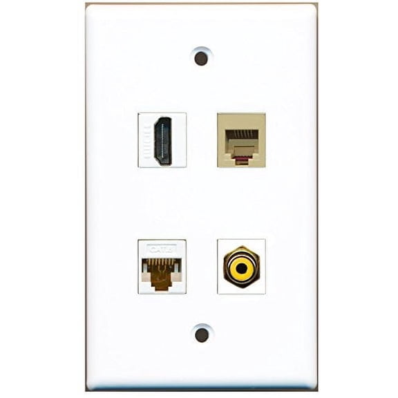 RiteAV - 1 Port HDMI 1 Port RCA Yellow 1 Port Phone RJ11 RJ12 Beige 1 Port Cat6 Ethernet White Wall Plate