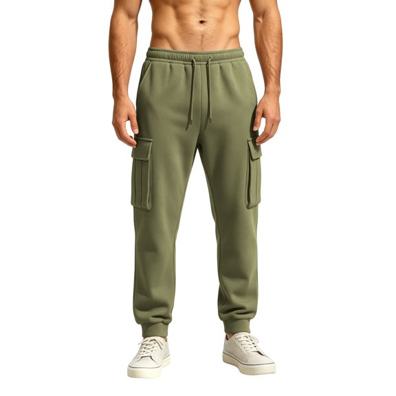 ZACPNCV Men's Solid Fleece Lined Cargo Sweatpants Fall Winter Warm Thermal Long Trousers Casual Elastic Waist Drawstring Joggers with Multi Pockets Olive Green