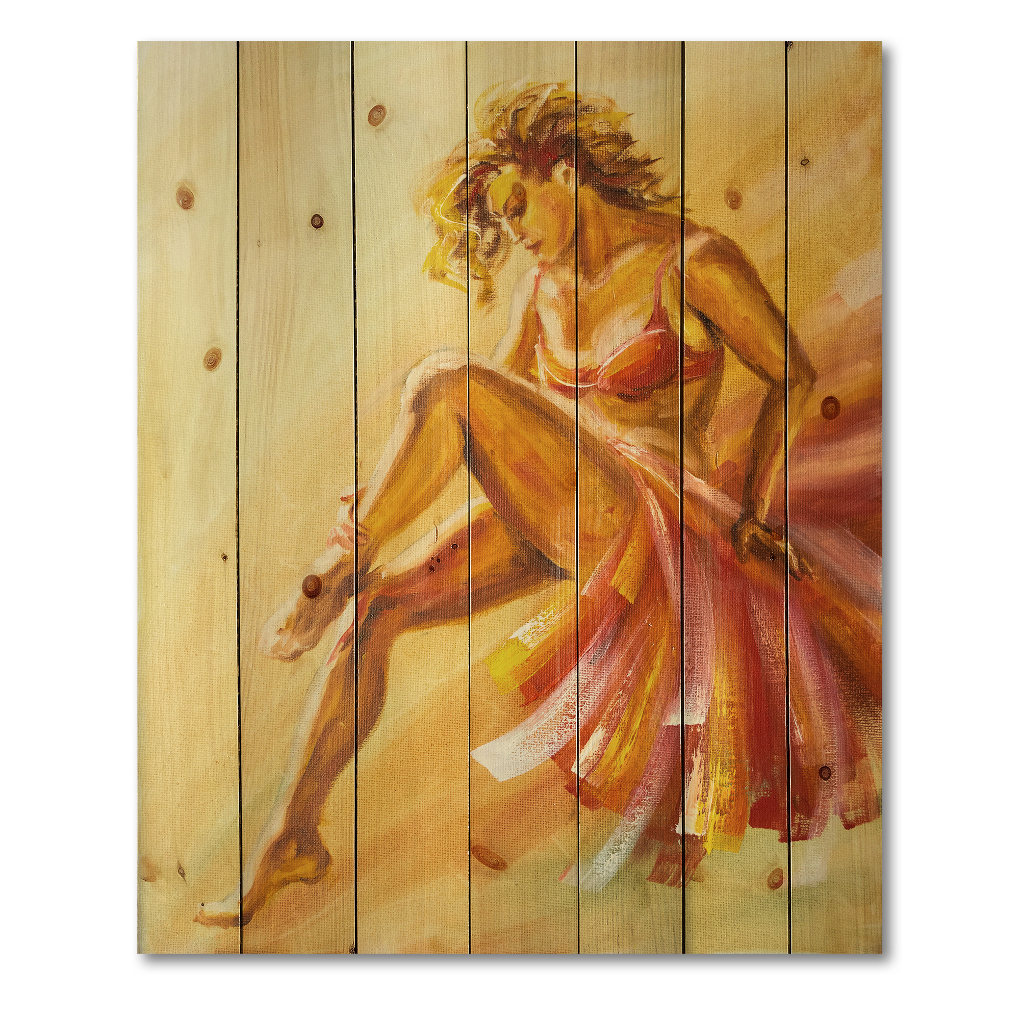 Designart 'Warm Coloured Flamenco Woman Dancer' Modern Print on Natural Pine Wood