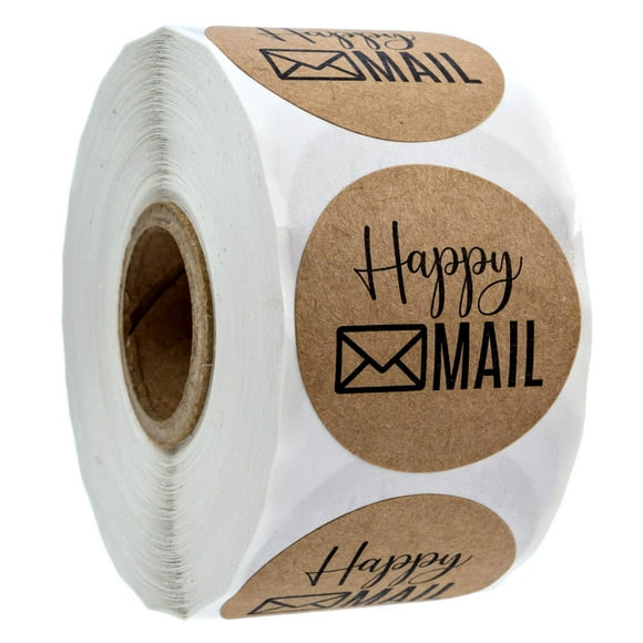 Pegatinas Happy Mail Redondas De Kraft Marrón De 1.5" / 500 Etiquetas Happy / Sellos De Sobres Kraft / Hecho En Los Ee. Uu.