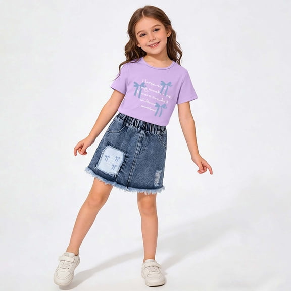 Fnooota Girls Summer Outfit Sets Size 6-7 T, 2 Piece Printed Summer Short Sleeve Kids Clothing Sets Purple Size 6-7 T