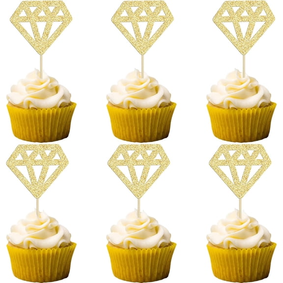 12PCS Diamond Ring Cupcake Toppers Gold Glitter Diamond Wedding Ring Cupcake Picks for Marriage Engagement Anniversary Valentines Party Cake Decorations Supplies