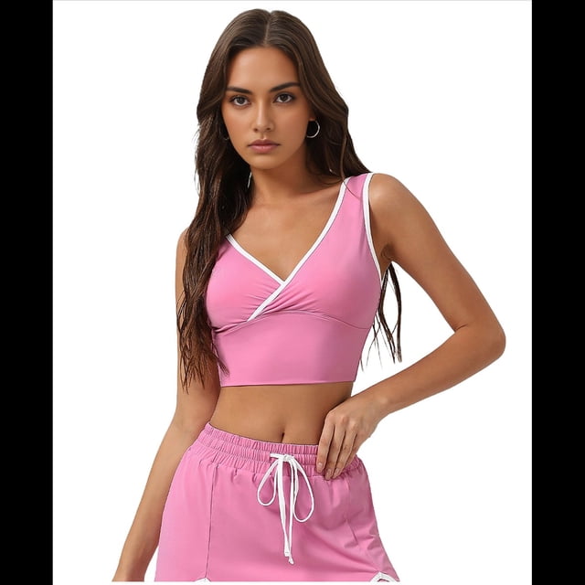 Top Deportivo Corto para Mujer, Cuello en V, Sin Mangas, con Relleno, para Entrenamiento, Yoga, Color Rosa Polvo, Talla M