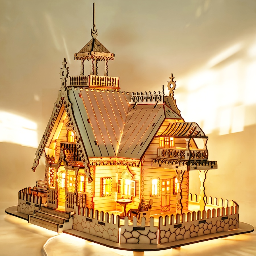 3D Puzzle House Hollow Villa Puzzle Model Kit, Villa DIY Model with LED Night Light, DIY Building Set for Adults, Home Decor, Miniature Diorama Kit, Valentine's Day Gift, Home Decoration