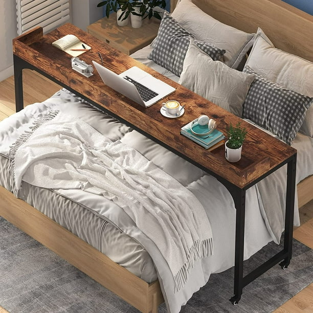 Tribesigns Brown Overbed Table with Wheels 70.8"L Queen Size Mobile