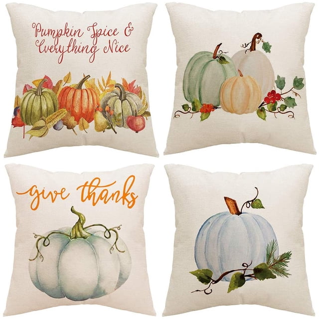Housses d'Oreiller d'Automne 18x18 Pouces Ensemble de 4 Citrouilles de Récolte Feuilles Automne Vacances Rustique Lin Taie d'Oreiller Décorations de Ferme L'action de Grâce Décor d'Automne pour Canapé Canapé Intérieur Extérieur