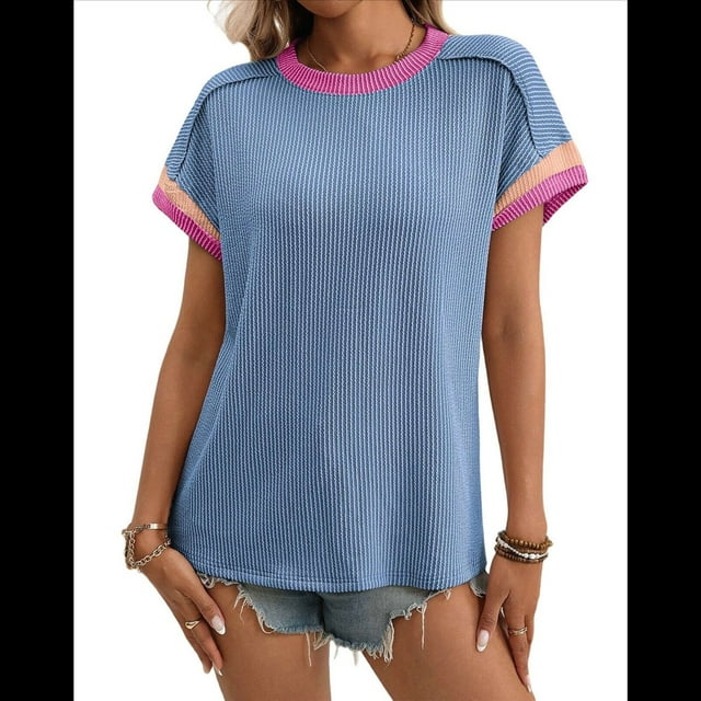 Blusa Informal de Corta con Cuello Redondo y Bloques de Color Acanalados para Mujer Azul XXL
