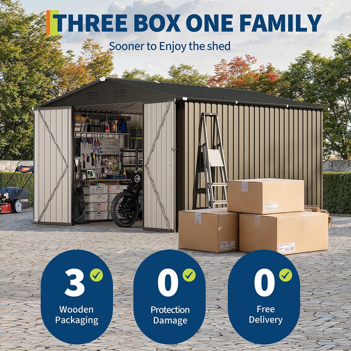 Soonbuy 10x10 FT Outdoor Storage Shed, Large Metal Garden Shed with Lockable Door & Peak Roof, 540 Cu Ft Capacity, All-Weather Galvanized Steel Tool Shed for Backyard, Patio, Lawn (ship in 3 boxes)