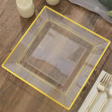 Efavormart 7" | Gold Trim Black Square Plastic Salad Dessert Plates | Pack of 10