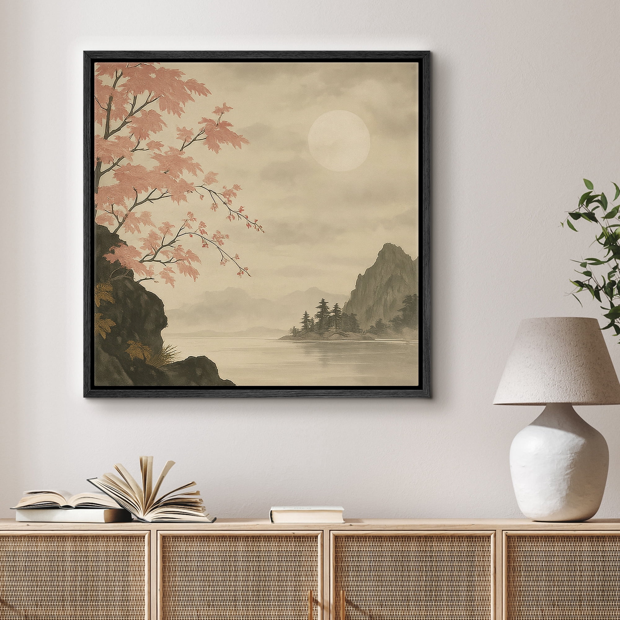 Framed Canvas Print Japanes Style Landscape Wall Art Japandi Decorative for Living Room Bedroom - 24 x24 BLACK