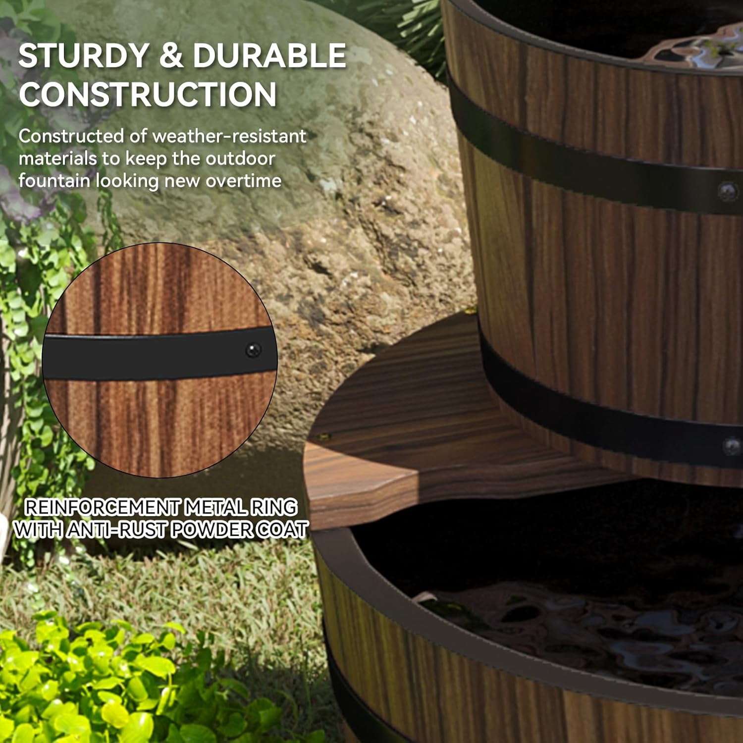 ZJTER 2-Tier Outdoor Water Fountain, Wood Barrel Cascading with Electric Decorative Hand Pump, Rustic Waterfall Fountain for Garden, Backyard, Patio, Porch, Yard