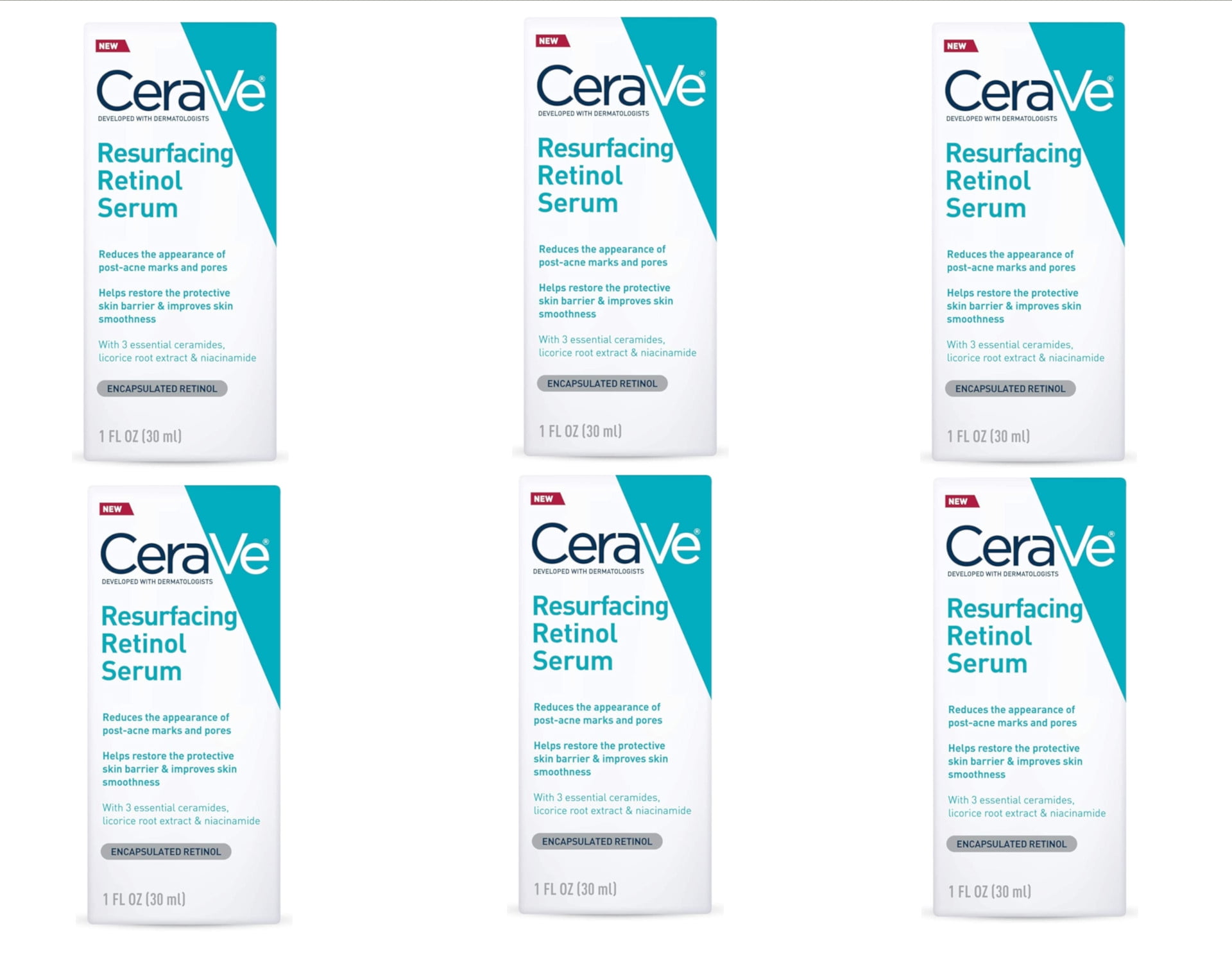 CeraVe Acne Resurfacing Retinol Face Serum, 1 Fl. Oz. (Pack of 6