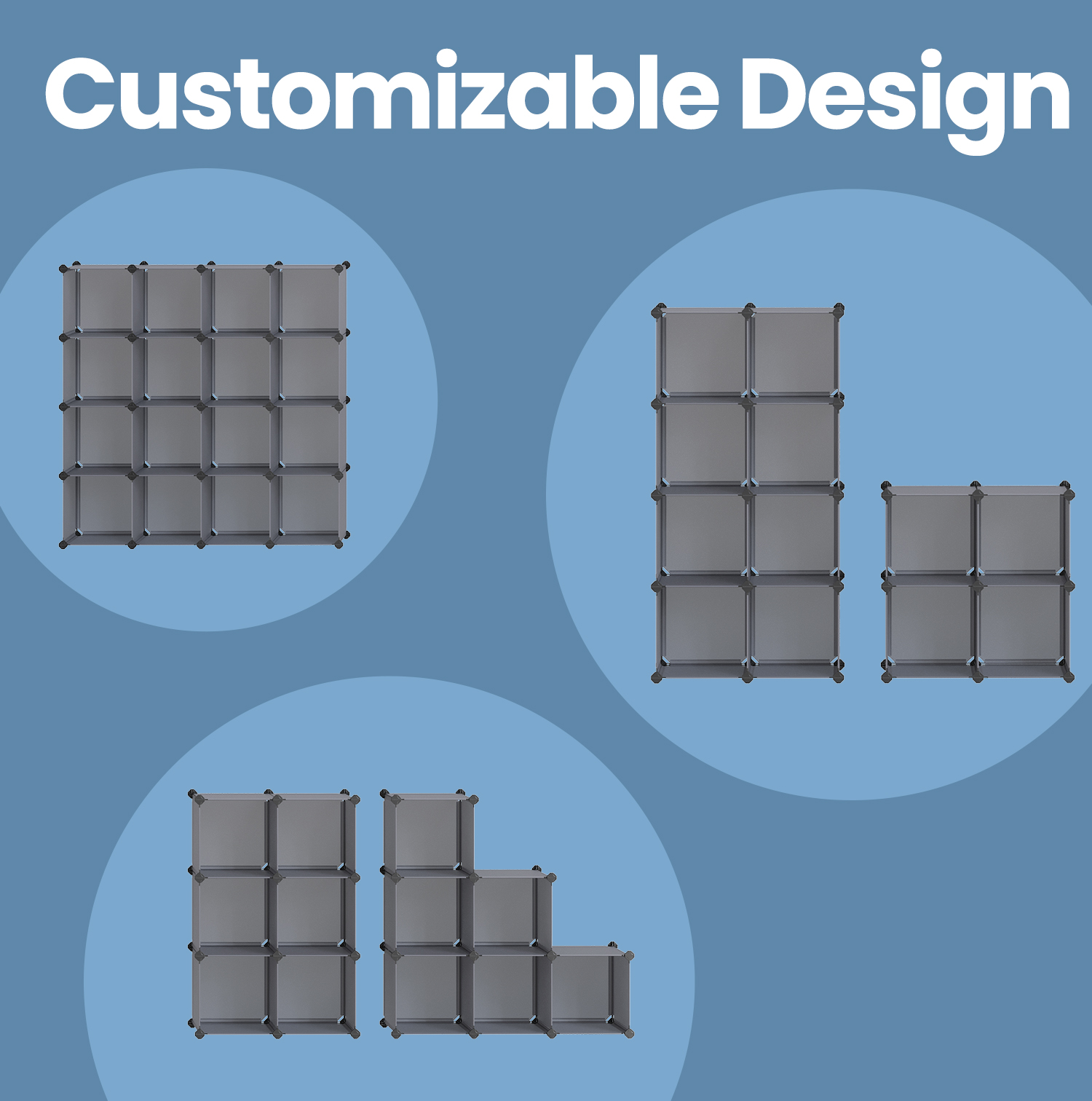 LEDREM 16-Cube Modular Storage System - Heavy Duty Plastic & Metal Organizer for Closet, Bedroom, Easy Snap Assembly, Gray