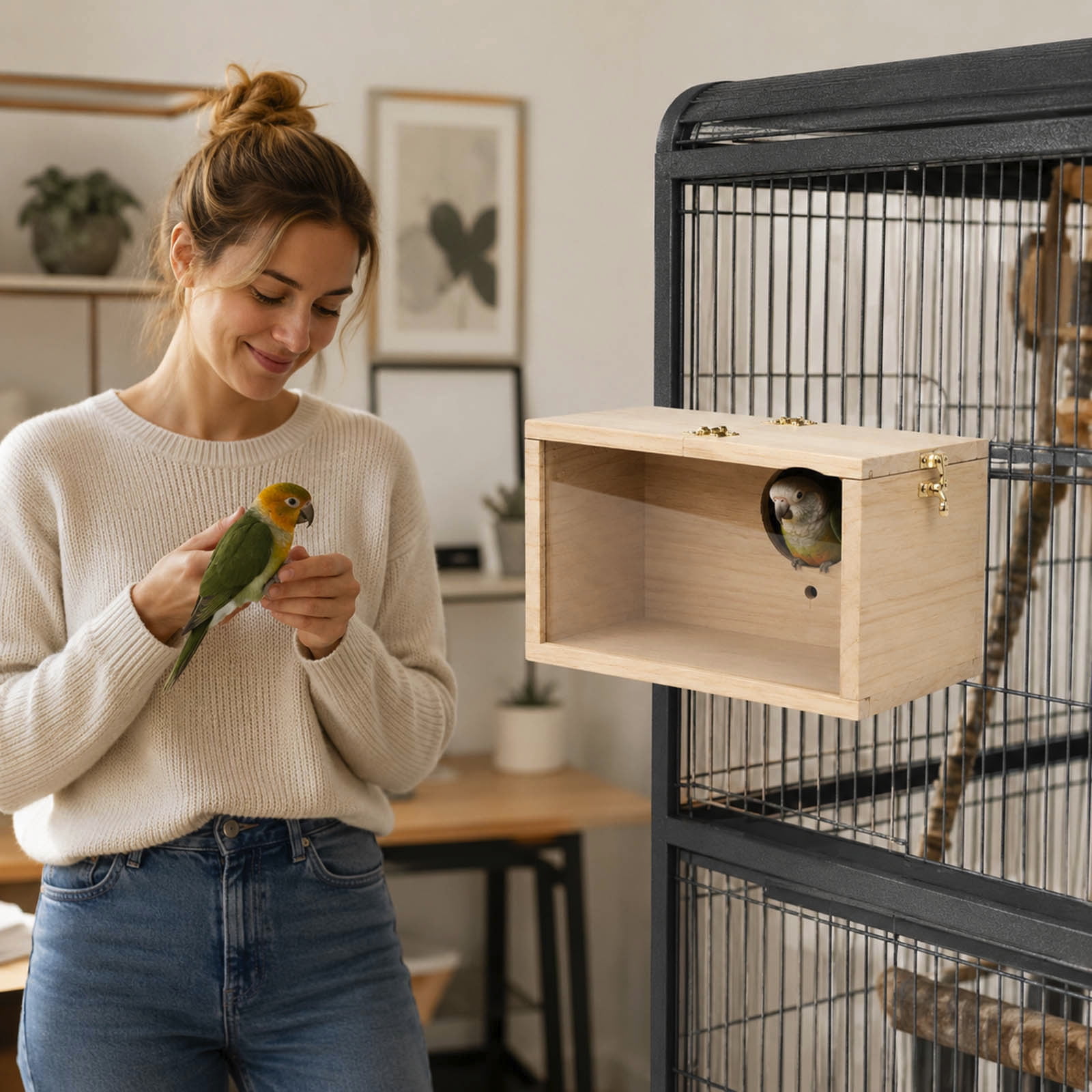 Parrot Breeding Nest Box with Clear Acrylic View Window Natural Wooden Cage Mount Bird Nest House for Budgies Cockatiels Lovebirds Small Parrots