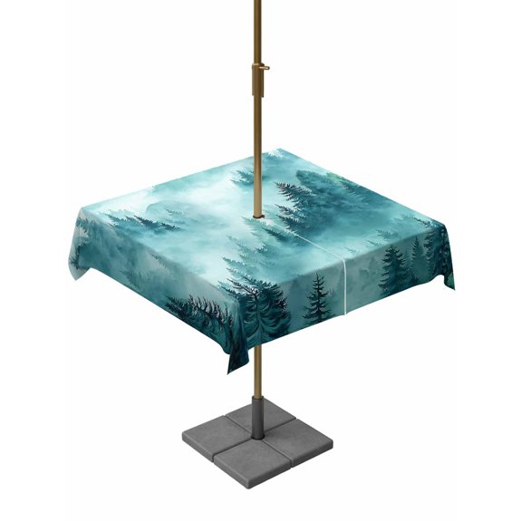Outdoor Tablecloth with Umbrella Hole for Patio/Picnic/Party/Camping, Teal Mountain Waterproof Table Cloth Square Cover Washable, Misty Forest Nature Woodland Pine Tree Landscape (60"x 60")