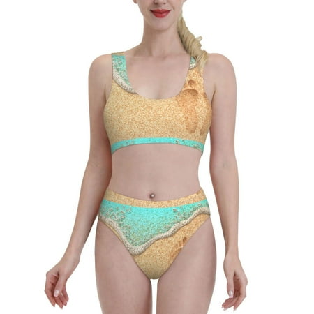Bixox Beach Footprint Pattern Two-Piece Sports Bikini with U-Shaped Top and High-Waist Bottom - Women s Swimwear with Removable Bra Pads