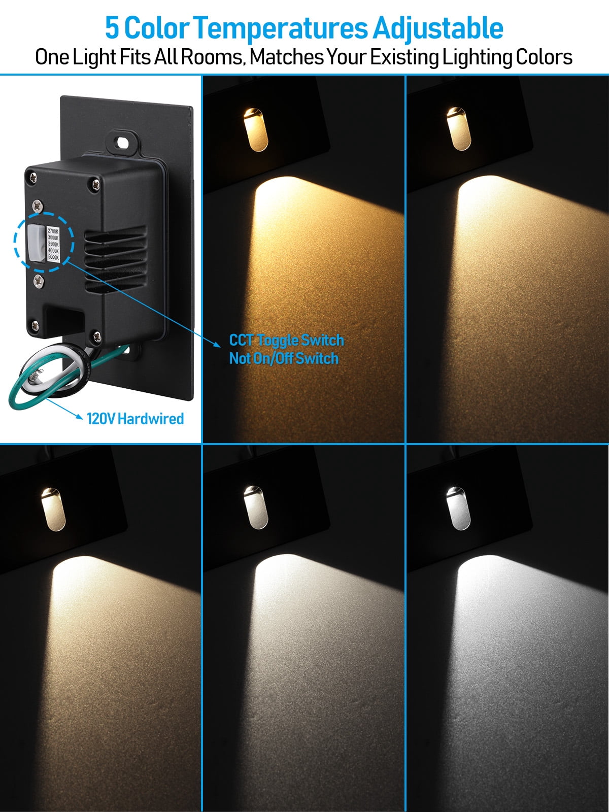 6 Pack LED Horizontal 5CCT Step Lights, Replaceable Magnetic Faceplat Indoor Stair Light, Dimmable, Black