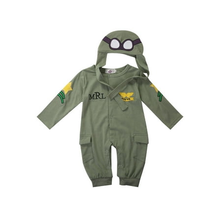 

Diconna Baby Boys 2Pcs Outfit Long Sleeve Pilot Romper Jumpsuit + Cap Army Green Autumn Clothing Set