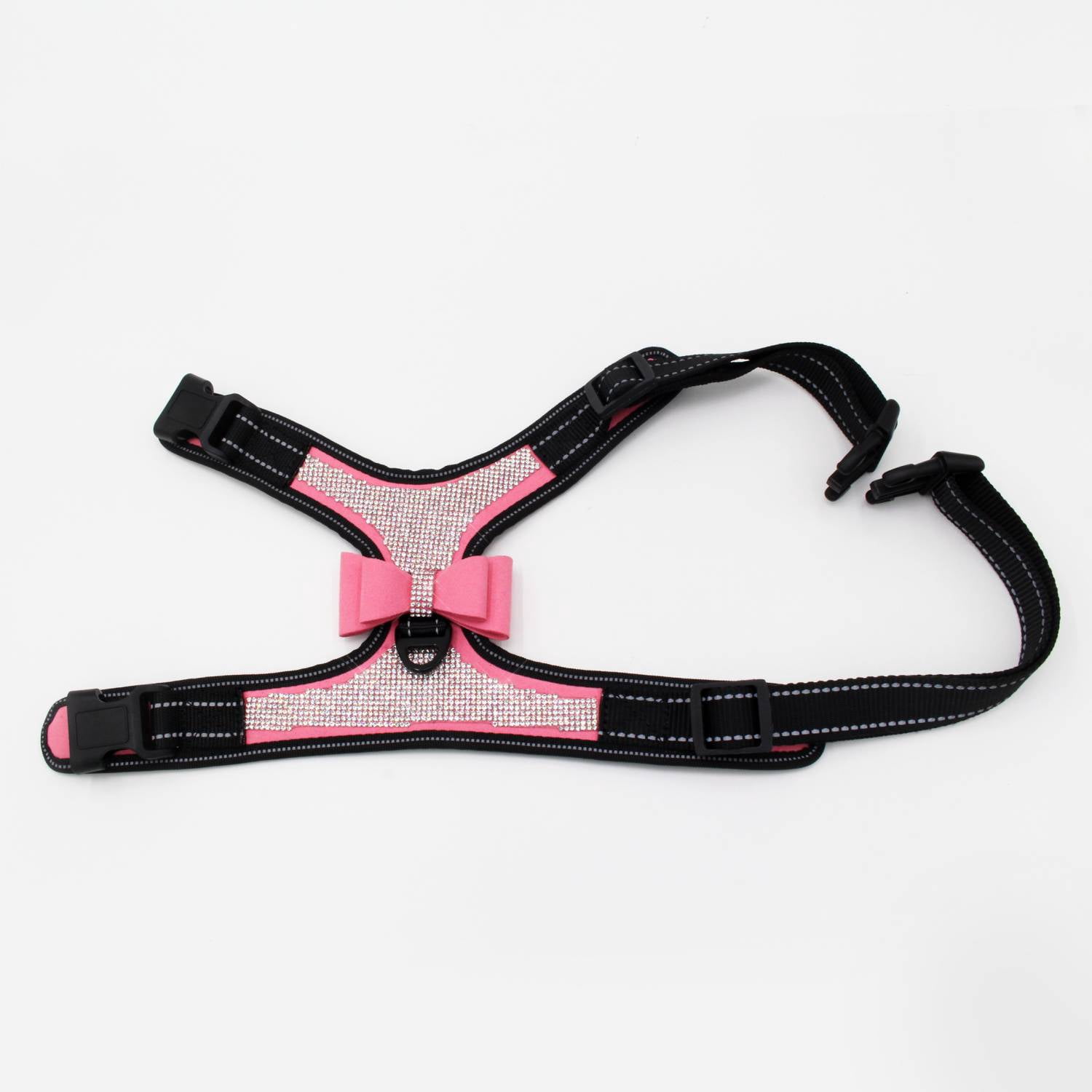 Large Dog Reflective Rhinestone Harness, No Pull Adjustable Bowtie Buckle D-ring Harness, Bling Nylon Dog Harnesses Vest for Large Dog Pink