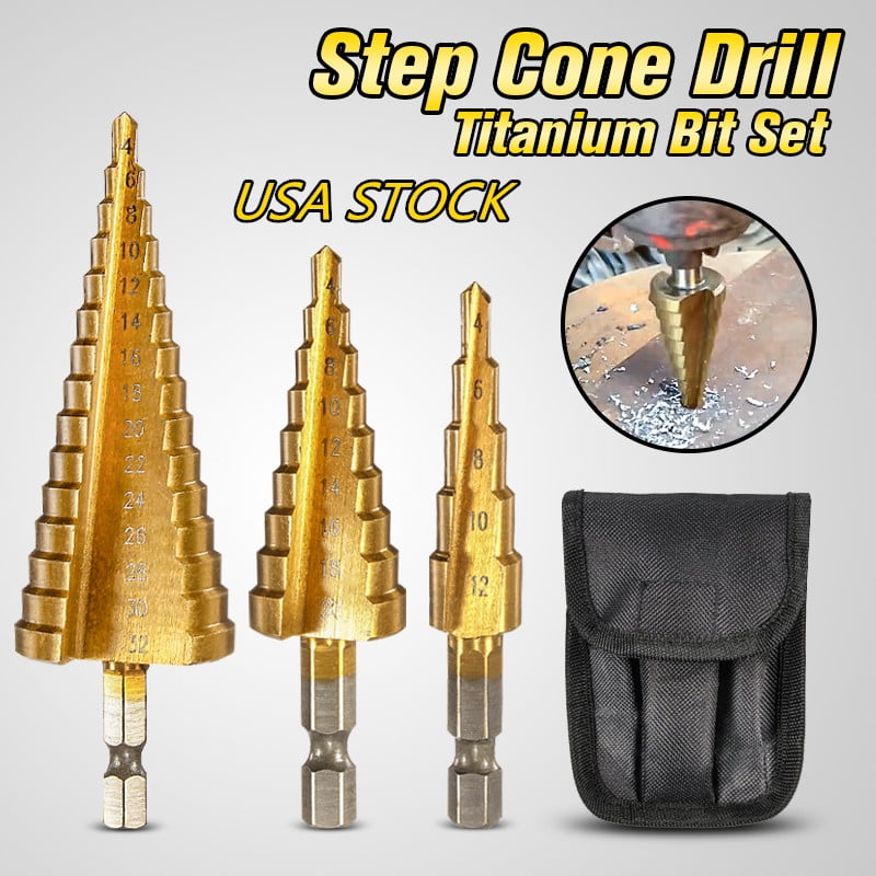 3 Pcs Large Step Titanium Cone Drill Hole Cutter Bit HSS Set Tool With Pouch