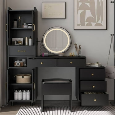 Ktaxon Makeup Vanity Set with USB Charging&3 Color Lighted Mirror, Large Makeup Vanity with Storage Cabinet and Drawers, Dressing Table, Gold, White