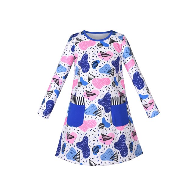 Robe Fille Manches Longues Mignonne Bleue Poche Décontractée Coton 6 Ans