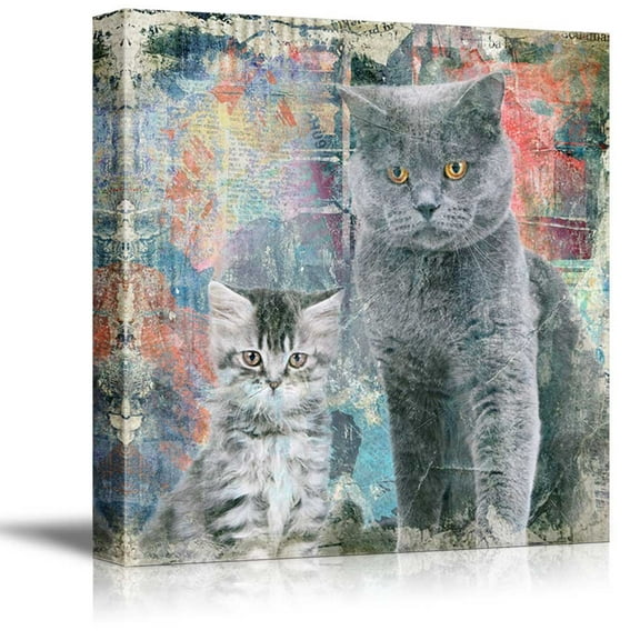 wall26 Square Cat Series Canvas Wall Art - A Little Kitty and a Grey Cat on Colorful Grunge Background - Giclee Print Gallery Wrap Modern Home Art Ready to Hang - 16x16 inches
