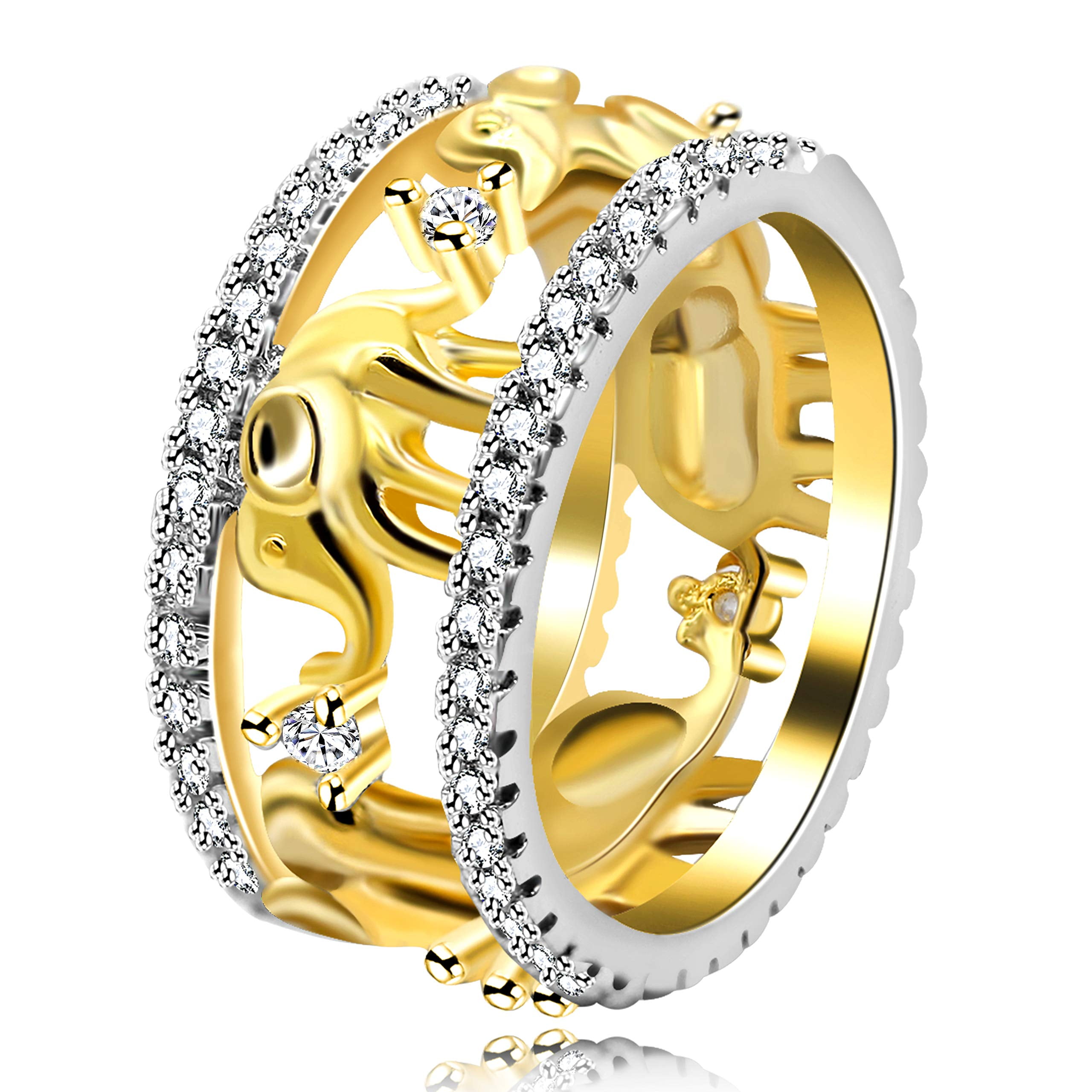 Uloveido Fashion Yellow Gold Plated Elephant Family Migration Ring 2 Row CZ  Cubic Zirconia Stone Pave Animal Jewelry for Girls RA083 (Gold, Size 9) -  
