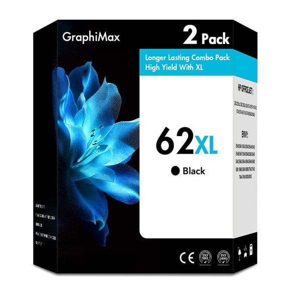 62 62XL Ink Cartridges 2 Pack Compatible for 62XL 62 Black Ink for Envy 5540 5640 5660 7644 5740 5741 7640 8040 8000 OfficeJet 200 250 Printer