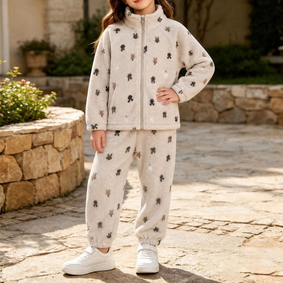LvhaoGJOB Little Kids Girls 2-Piece Outfit Set, Beige - all over bow print, Pink bows