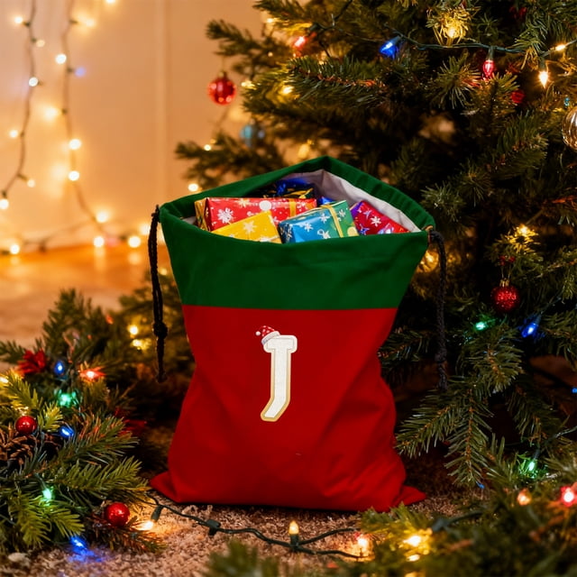 Christmas Gift Bag 26 Letters Red Drawstring Polyester Tote 12X15 Inch Holiday Storage Pouch | Reusable Xmas Candy Sack Decorative Gift Wrap Bag for Presents or Tree Ornament
