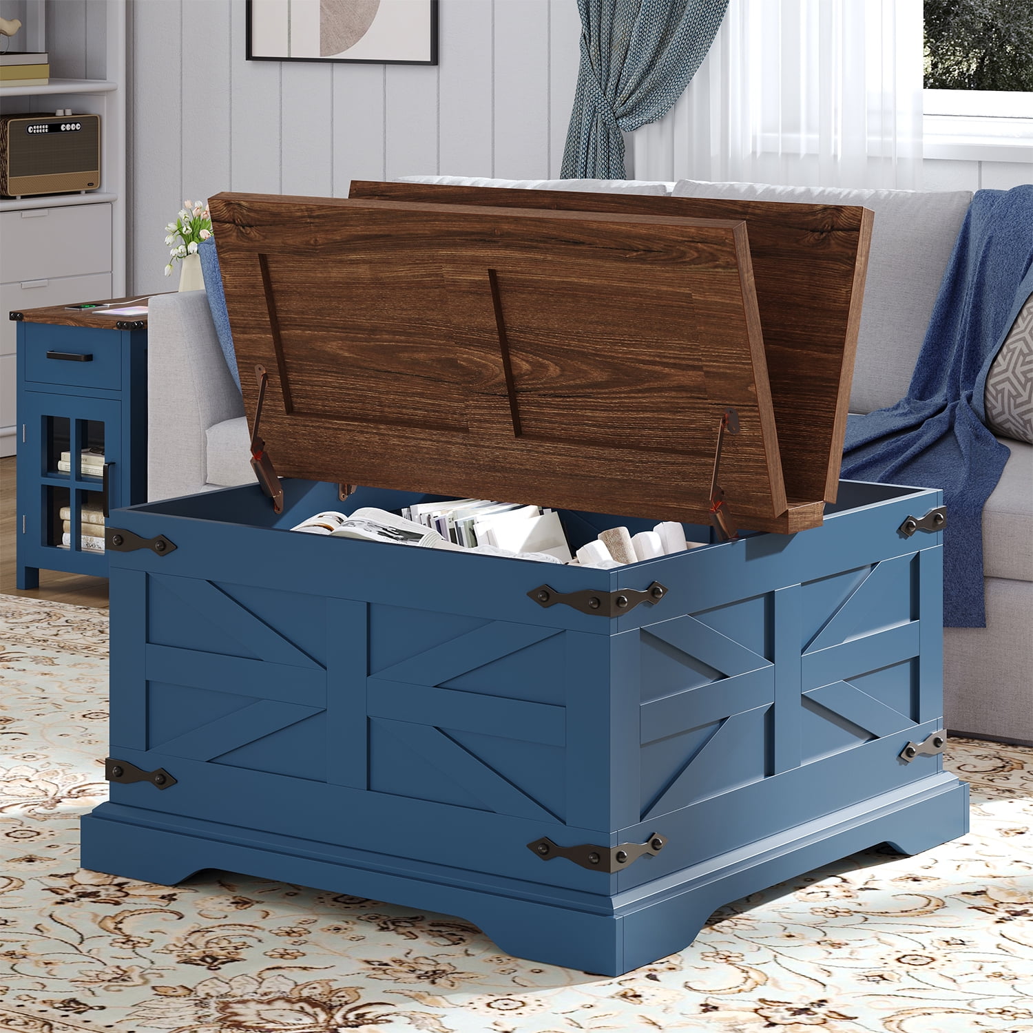 Frmobepts Farmhouse Coffee Table, Square Wood Center Table with Storage and Lift Top, Metal Corners for Living Room, Blue