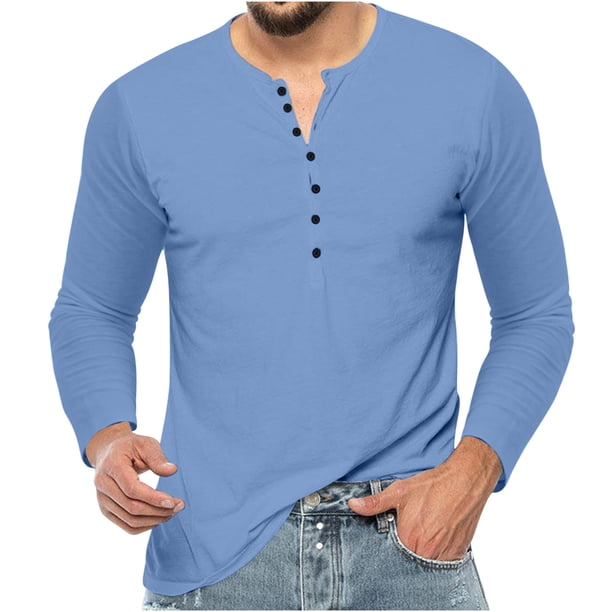 Blusas y camisas de manga larga con cuello redondo para hombre, cuello redondo, botones, boca plana, deportivas para hombre, blusas y camisas de manga larga con cuello redondo para hombre