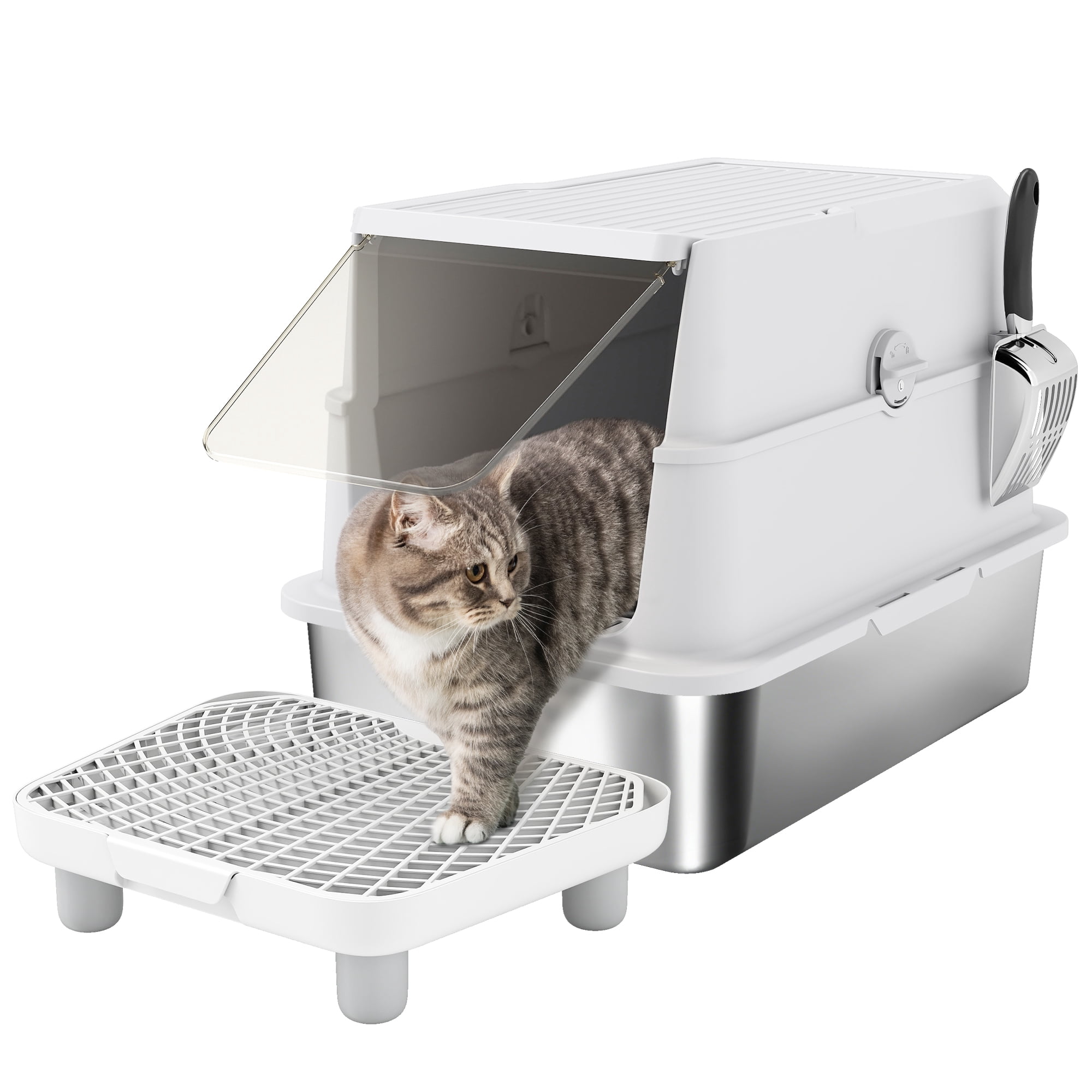 PawHut Stainless Steel Cat Litter Box with Lid, Extra Large Enclosed Metal Litter Box for Big Cats, Flip Cover, High-Sided Enclosure & Scoop