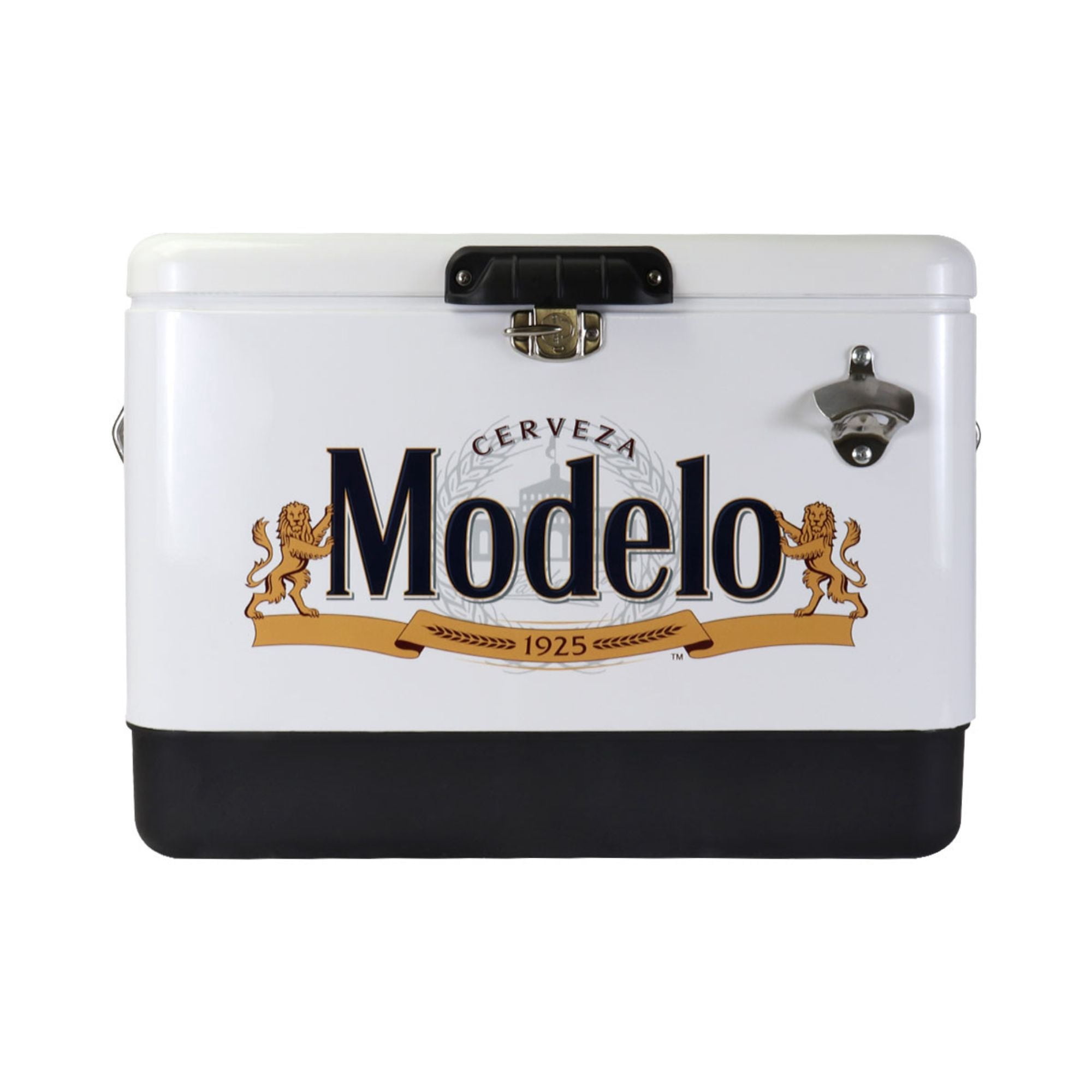 Modelo Ice Chest Beverage Cooler with Bottle Opener, 51L (54 qt), 85 Can Steel-Belted Portable Cooler, White and Black, for Camping, Beach, RV, BBQs, Tailgating, Fishing