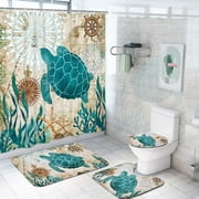 "Happyline" Sea Turtle Shower Curtain Sets with Non-Slip Rugs, Toilet Lid Cover and Bath Mat, Nautical Ocean Shower Curtains with 12 Hook s, Durable Waterproof Bath Curtain