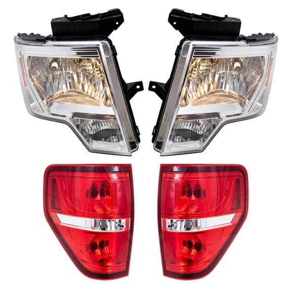 Brock Replacement Driver & Passenger Side Halogen Combination Headlights with Chrome Trim & Tail Lights with Red Trim-Smoked 4 Pc Performance Set Compatible with 09-14 Ford F-150 Styleside
