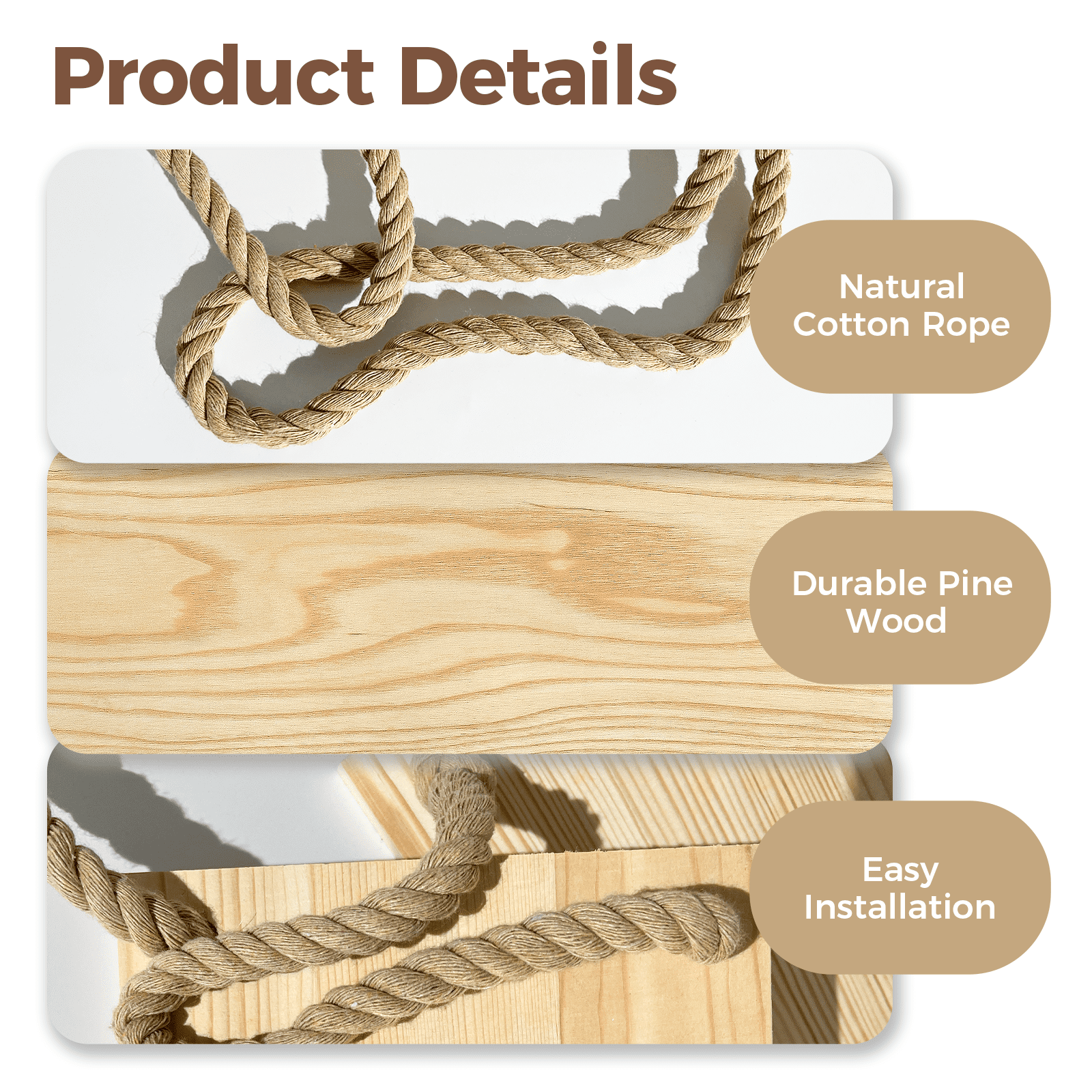 Bamworld Window Plant Shelf with Cotton Ropes for Indoor Plants, Living Room or Garden Decor
