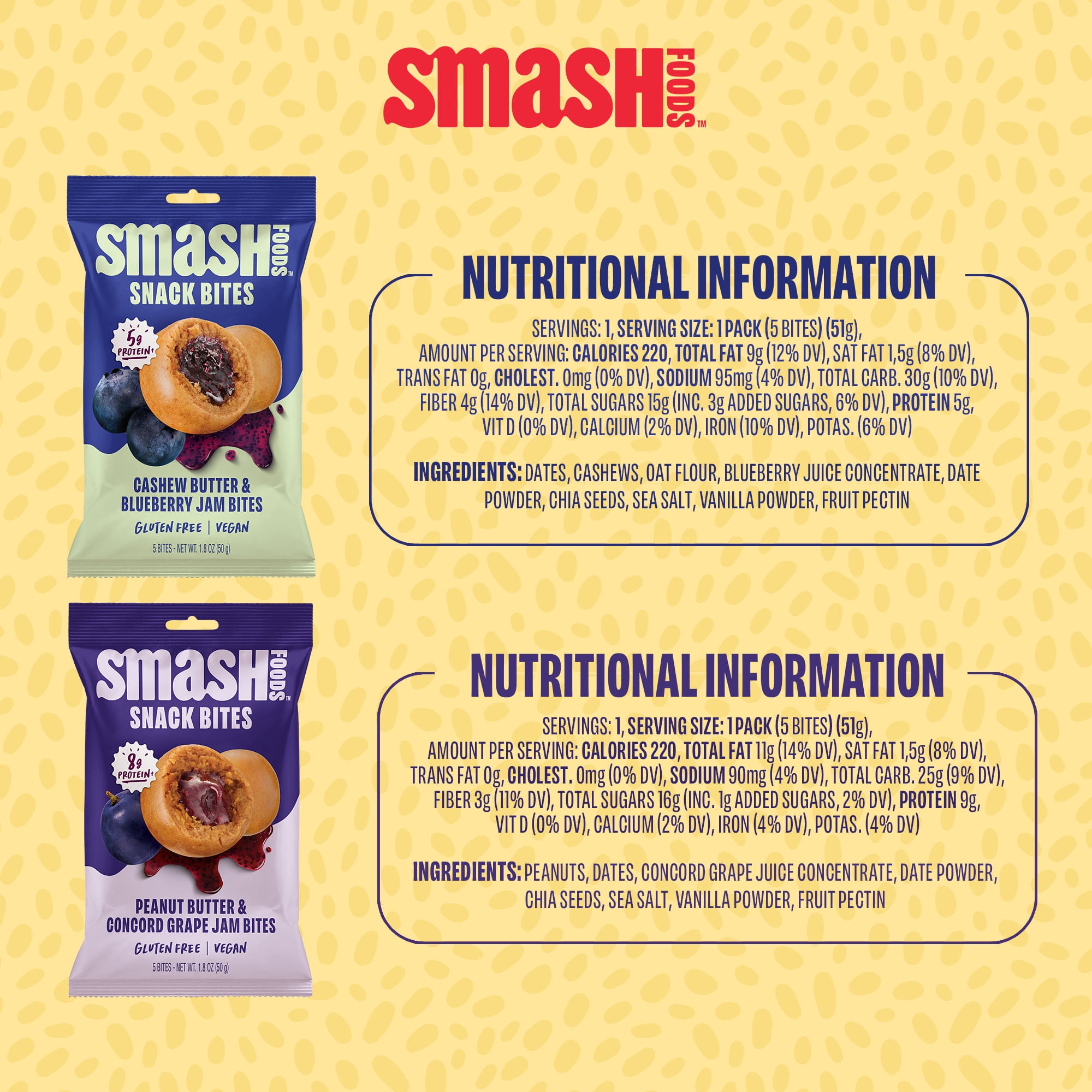 Smash Foods Gluten-Free Vegan Snack Bites (Variety), Protein & Energy, 8-Pack