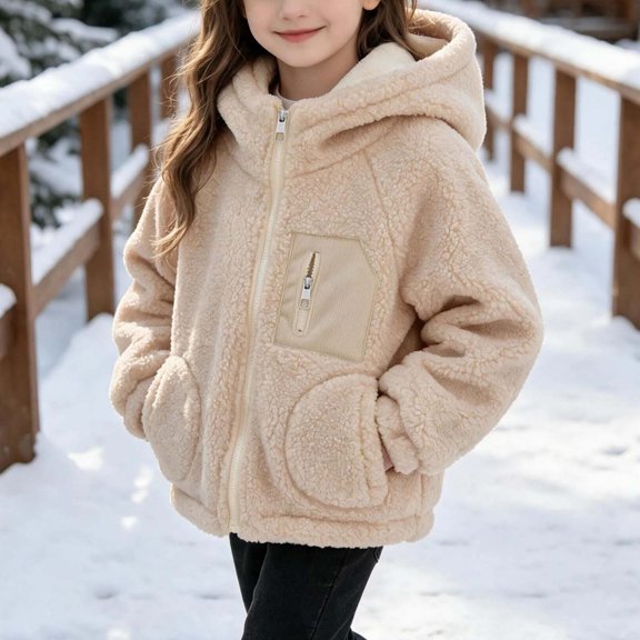 LUGOGNE Girls Sherpa Fleece Jacket Hooded Long Sleeve Full Zip Warm Teddy Coat Casual Loose Fit Outerwear with Multiple Pockets Kids Fall Winter Clothing