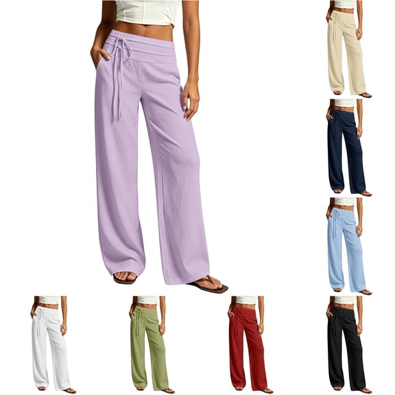 ANINEO Women's Elegant High Wlex Pleated Wide Leg Pants For Casual Everyday Wear Flat Front Elastic Waist Breathable Easy Comfort Ladies Solid Color Summer Trousers