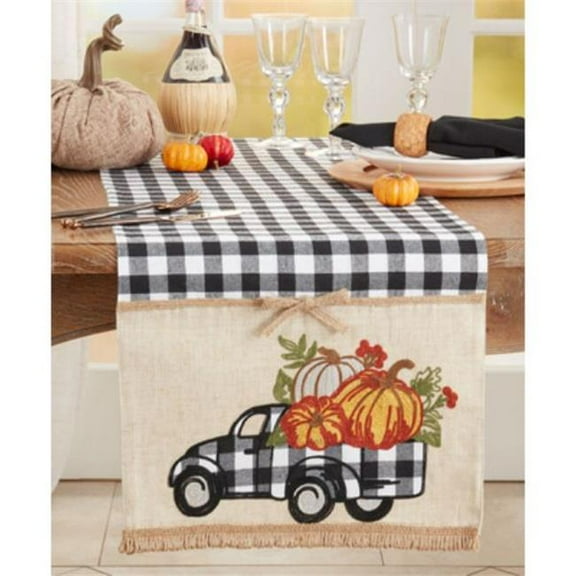 Saro Lifestyle Plaid Truck With Pumpkins Table Runner