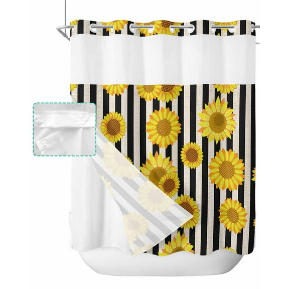 No Hook Shower Curtain with Snap in Liner, Farmhouse Summer Sunflower Black and White Stripe Hotel Shower Curtains for Bathroom, Washable Shower Curtain Liner Set with Mesh Top Window, 72"x72"