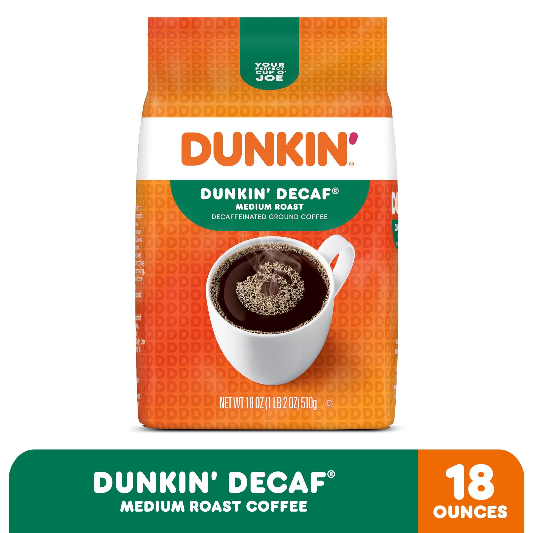 (6 pack) Dunkin’ Decaf Medium Roast Ground Coffee, 18 oz Bag