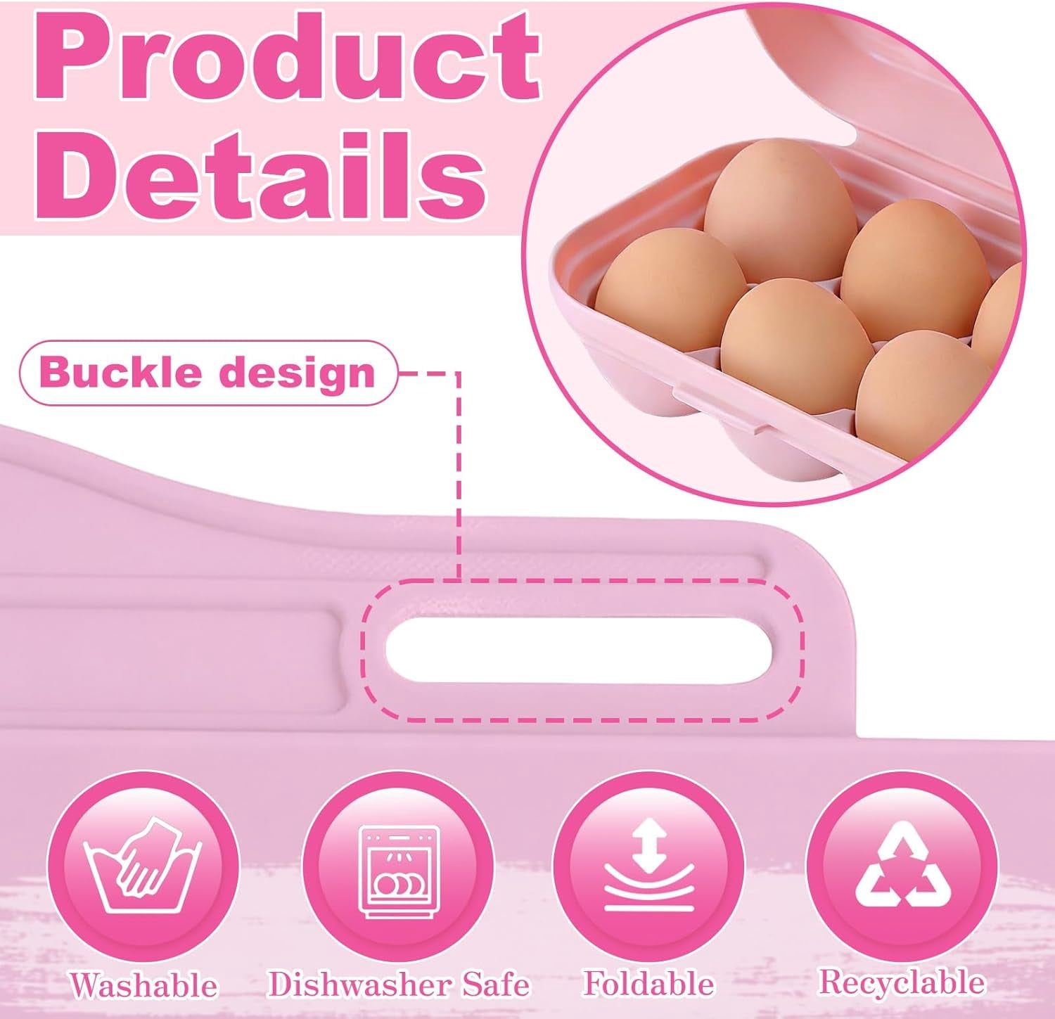 ABPETE Large Capacity Outdoor Egg Holder, Plastic Egg Fresh Carrier Egg Storage Container Organizer Box for Fridge, Stackable Egg Holder for Refrigerator Picnic Hiking Travel, 12 Eggs Tray Pink