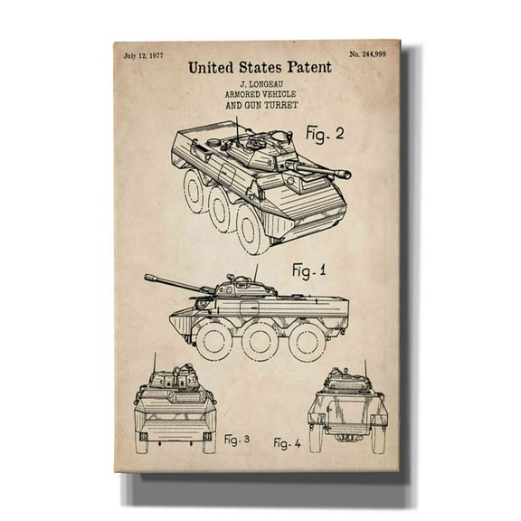 Epic Graffiti "Armored Vehicle Blueprint Patent Parchment" Giclee Canvas Wall Art, 12"x18"