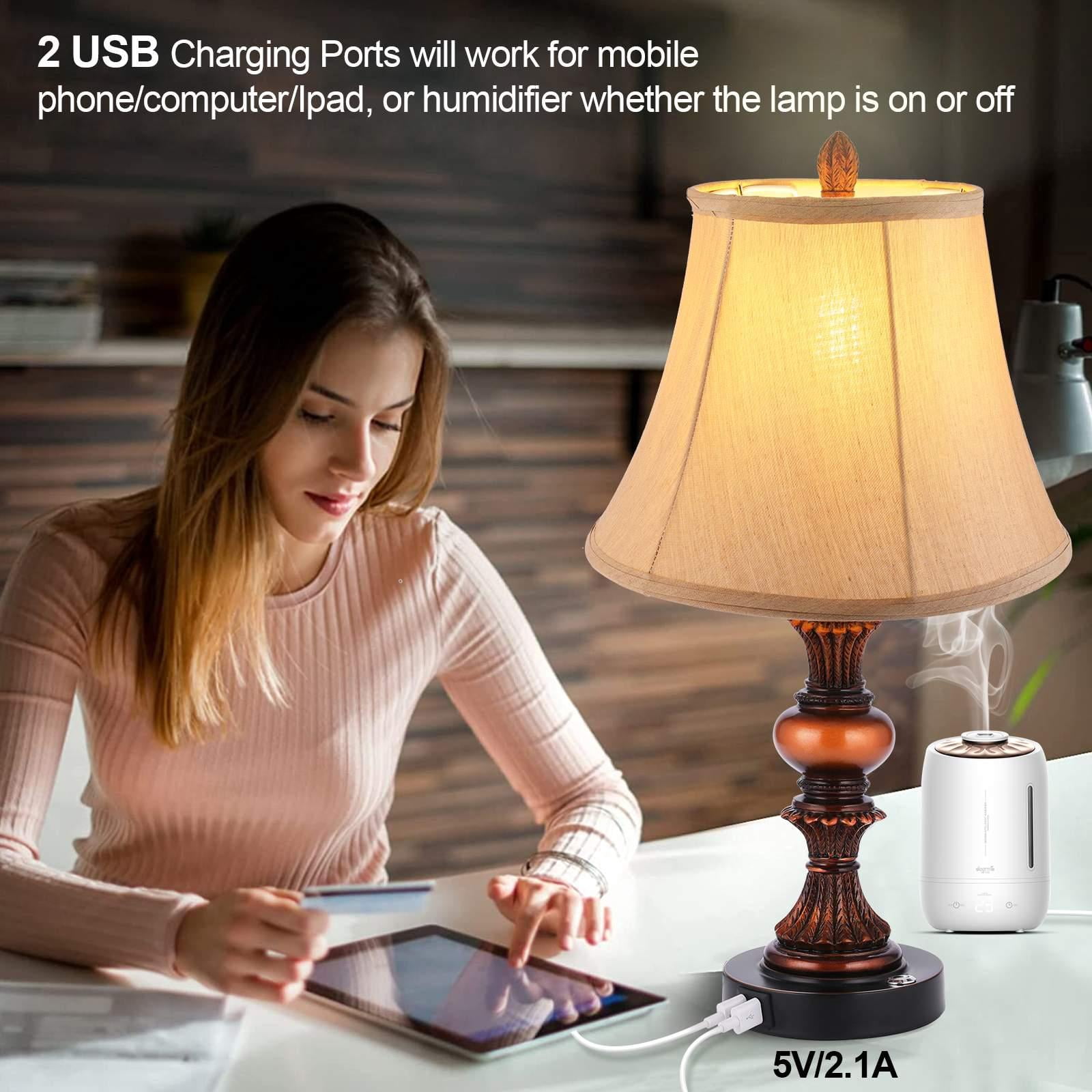 Nictiv 2 Pack Traditional Table Lamps,Touch Control 3-Way Dimmable Lamp Sets w/4 USB Charging Ports, Fabric Tapered Drum Shade Nightstand Lamp for Living Room, Bedroom, 2 Free LED Bulbs, Bronze